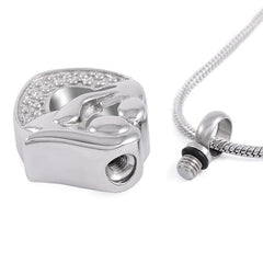 Silver Mother & Child Heart Shaped Cremation Urn Necklace With Rhinestones