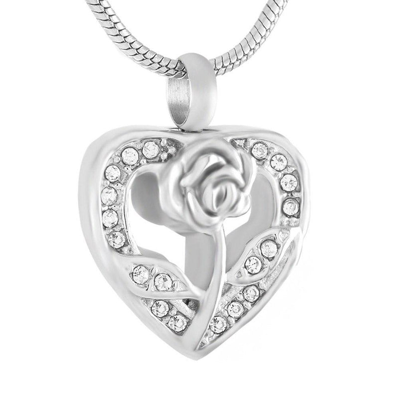Silver Rhinestone Heart & Rose Flower Cremation Urn Necklace