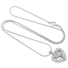 Silver Rhinestone Heart & Rose Flower Cremation Urn Necklace
