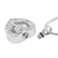 Silver Rhinestone Heart & Rose Flower Cremation Urn Necklace