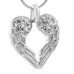 Silver & Rhinestone Heart Shaped Angel Wings Cremation Urn Necklace