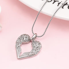 Silver & Rhinestone Heart Shaped Angel Wings Cremation Urn Necklace