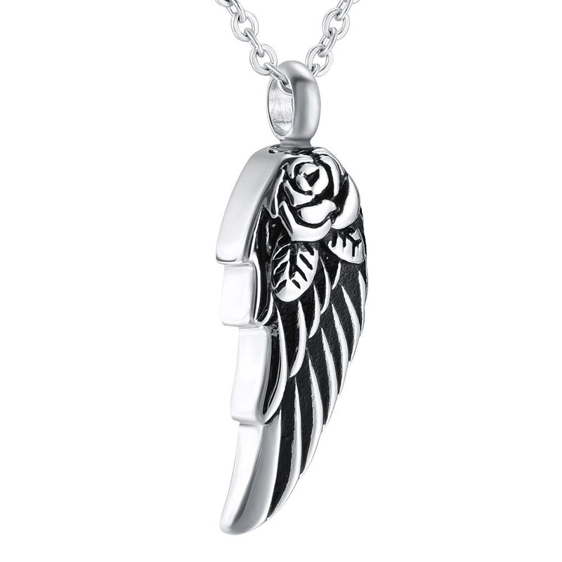 Silver Rose & Angel Wing Cremation Urn Necklace