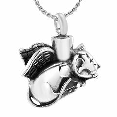 Silver Sleeping Cat Angel Cremation Urn Necklace