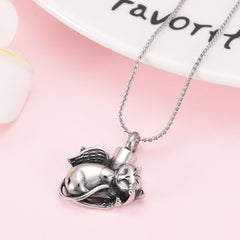 Silver Sleeping Cat Angel Cremation Urn Necklace