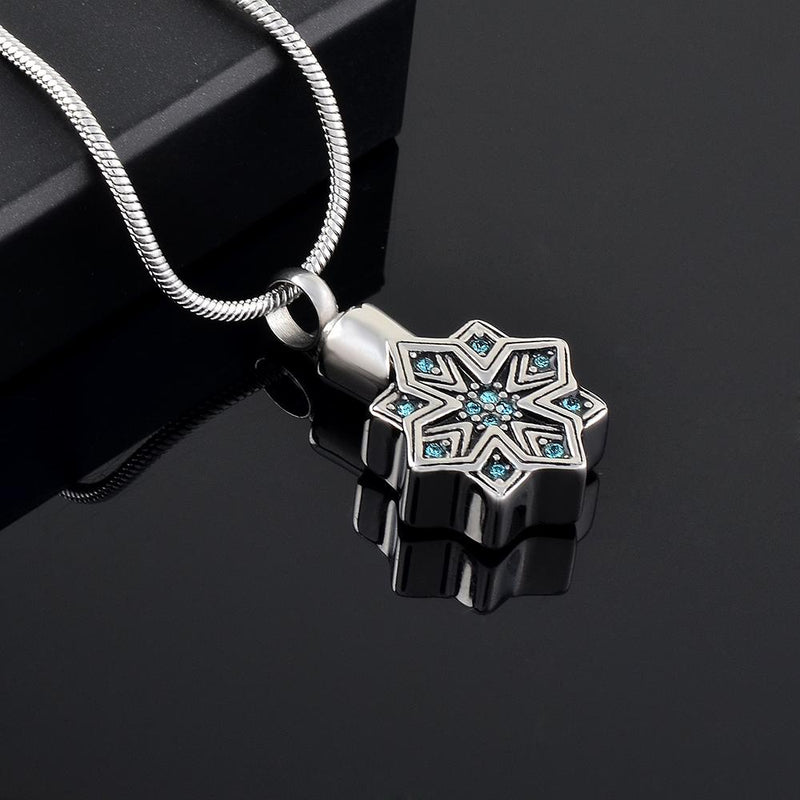 Silver Snowflake Cremation Urn Necklace with Rhinestones