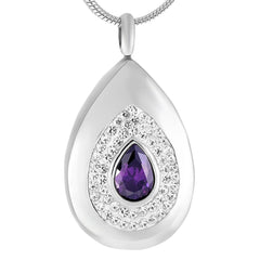 Silver Teardrop Cremation Urn Necklace With Rhinestones & Purple Gemstone