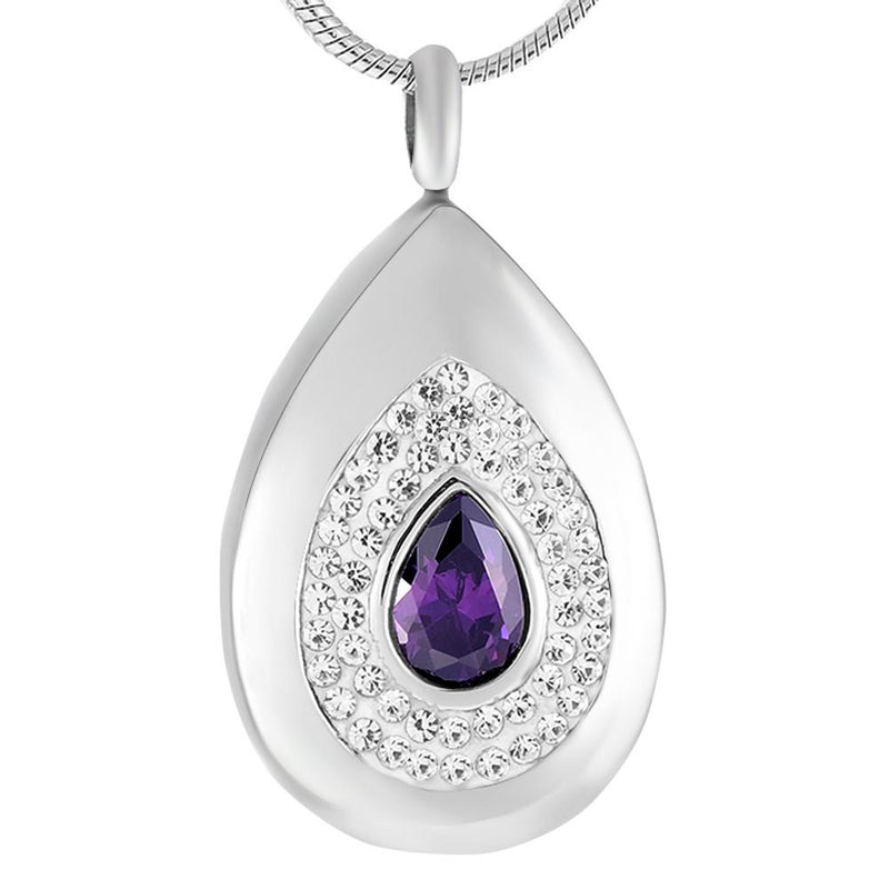 Silver Teardrop Cremation Urn Necklace With Rhinestones & Purple Gemstone