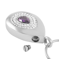Silver Teardrop Cremation Urn Necklace With Rhinestones & Purple Gemstone