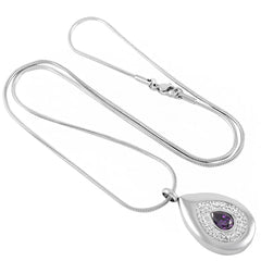 Silver Teardrop Cremation Urn Necklace With Rhinestones & Purple Gemstone