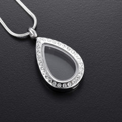 Silver Teardrop With Rhinestones Cremation Urn Necklace