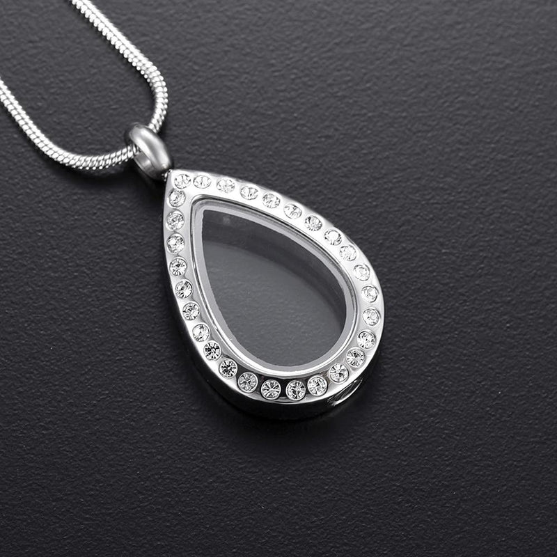 Silver Teardrop With Rhinestones Cremation Urn Necklace