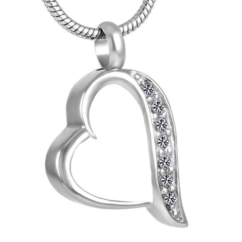 Silver & White Heart Shaped Cremation Urn Necklace With Rhinestones