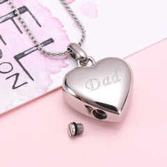 Simple Heart Etched With Dad Cremation Urn Necklace