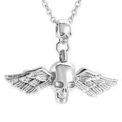 Skull With Wings Cremation Urn Necklace