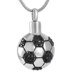 Soccer Ball Style Cremation Urn Necklace With Black Rhinestones