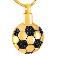 Soccer Ball Style Cremation Urn Necklace With Black Rhinestones