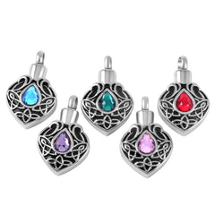 Vintage Heart Shaped Cremation Urn Necklaces With Rhinestone Gemstone