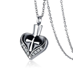 Heart Shaped Cremation Urn Necklace with Cross & Rhinestones