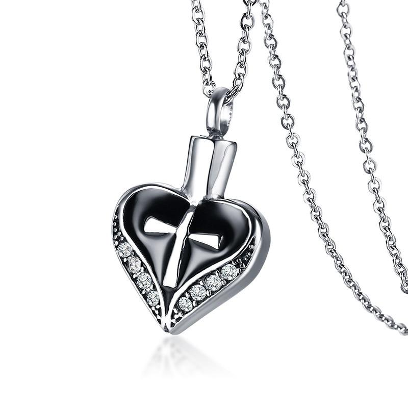 Heart Shaped Cremation Urn Necklace with Cross & Rhinestones