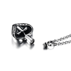 Heart Shaped Cremation Urn Necklace with Cross & Rhinestones