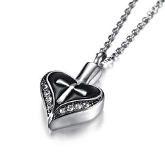 Heart Shaped Cremation Urn Necklace with Cross & Rhinestones
