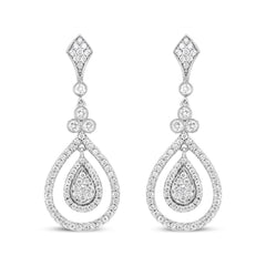 18K White Gold 1 1/4 Cttw Round Diamond Openwork Teardrop-Shaped Dangle Earrings (F-G Color, VS1-VS2 Clarity)