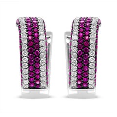 18K White Gold 1 7/8 Cttw Diamond and 1mm Round Red Ruby Open Swish Hoop Earrings (F-G Color, VS1-VS2 Clarity)