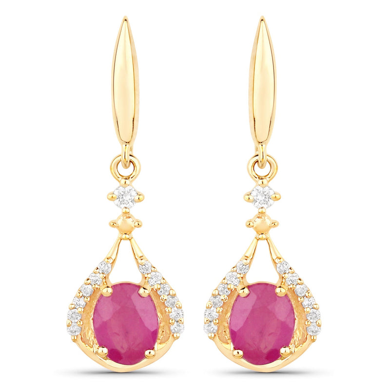 0.70 Carat Genuine Ruby and White Diamond 14K Yellow Gold Earrings
