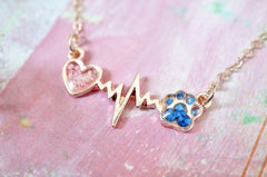 Real Pressed Flowers in Resin, Gold Dog Necklace in Blue and Pink