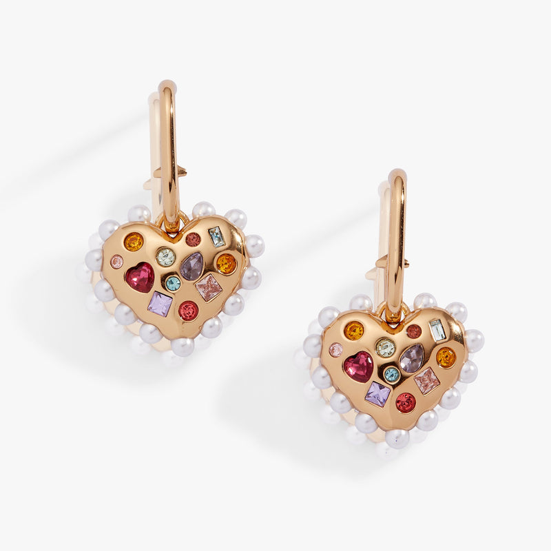 Puffy Heart Gemstone And Pearl Charm Hoop Earrings