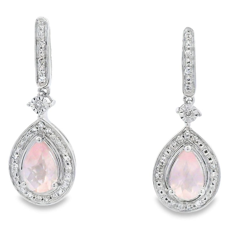 Rose Quartz Diamond Dangle Earrings 10KT White Gold