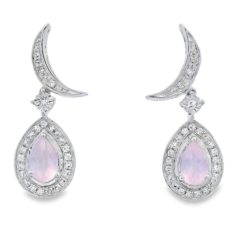 Rose Quartz Diamond Dangle Earrings 10KT White Gold