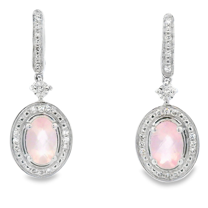 Rose Quartz Diamond Dangle Earrings 10KT White Gold