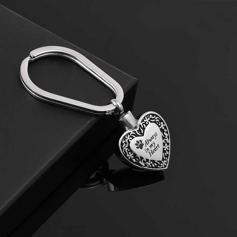 Heart Shaped Cremation Urn Keychain with Pet Paw & 