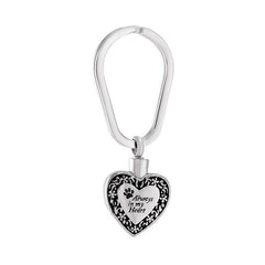 Heart Shaped Cremation Urn Keychain with Pet Paw & "Always in my Heart"