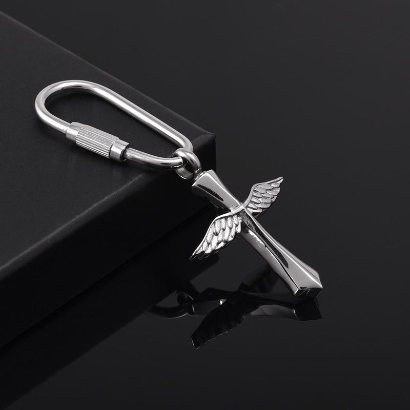 Silver Angel Wing Cross Cremation Urn Keychain