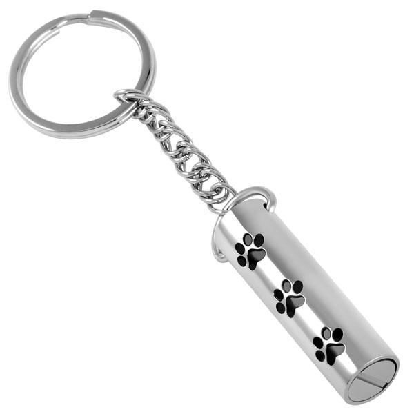 Silver Cylinder Cremation Urn Keychain With Pet Paws