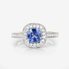 1.31 Carat Genuine Blue Sapphire and White Diamond 18K Yellow Gold Ring