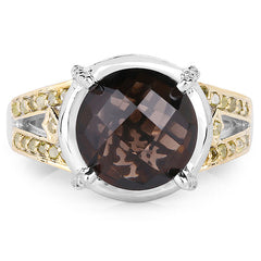 3.28 Carat Genuine Smoky Quartz, Yellow Diamond & White Diamond .925 Sterling Silver Ring